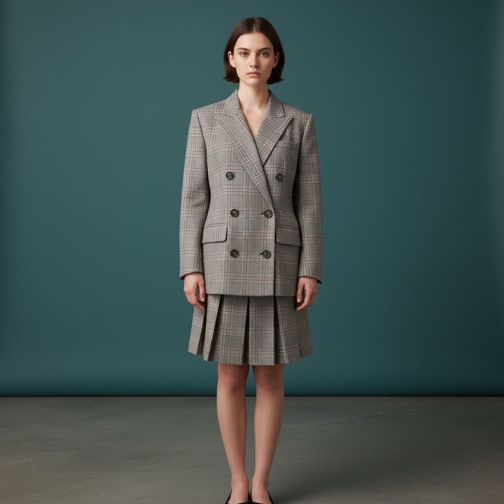 Vintage Gilmore double breasted jacket with midi box pleated skirt.